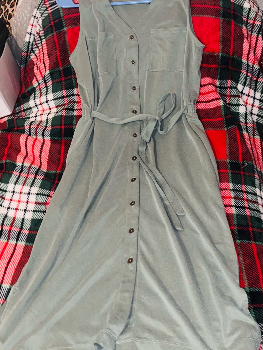 Tahari Sleeveless Sage Green Button-Front Dress with Tie Waist